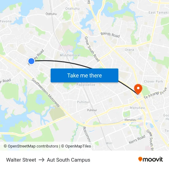 Walter Street to Aut South Campus map