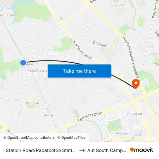 Station Road/Papatoetoe Station to Aut South Campus map