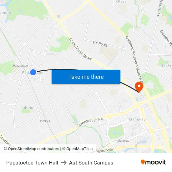 Papatoetoe Town Hall to Aut South Campus map