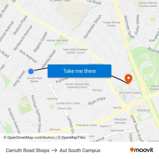Carruth Road Shops to Aut South Campus map