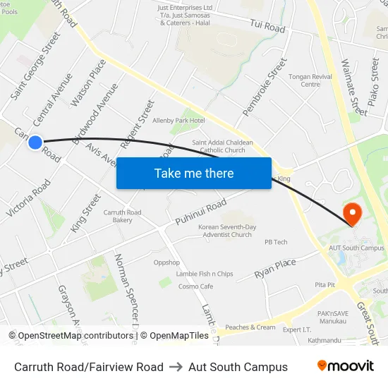 Carruth Road/Fairview Road to Aut South Campus map
