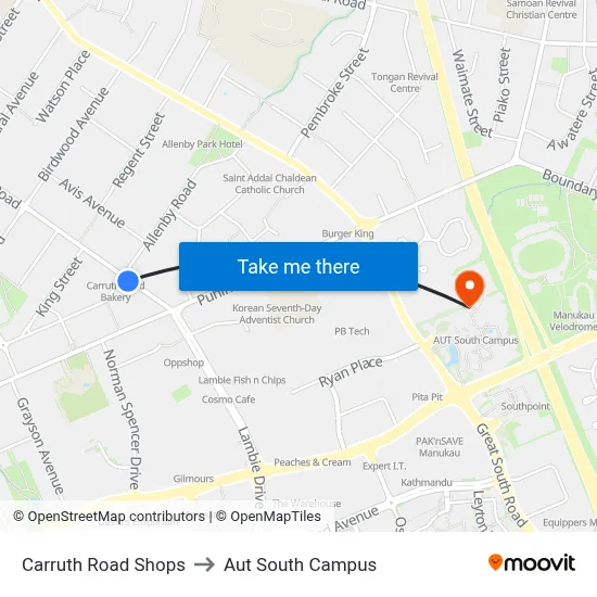 Carruth Road Shops to Aut South Campus map