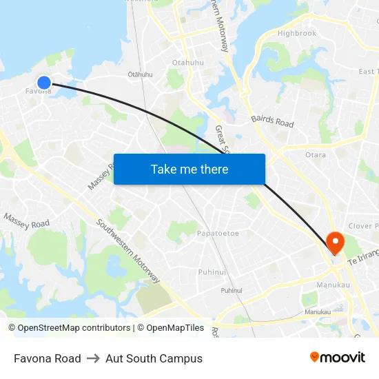 Favona Road to Aut South Campus map