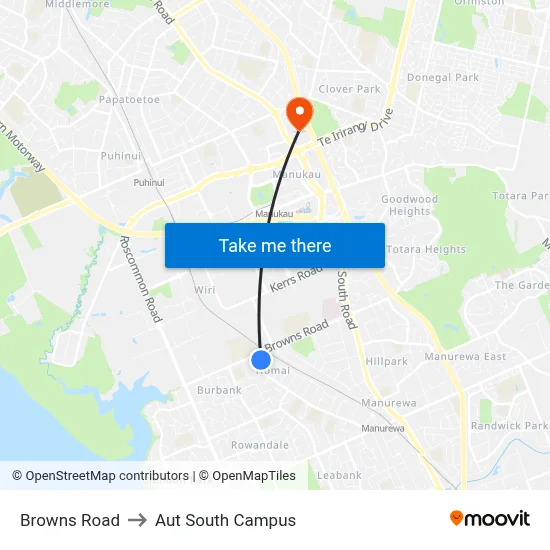 Browns Road to Aut South Campus map