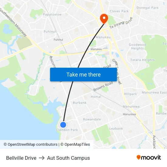 Bellville Drive to Aut South Campus map