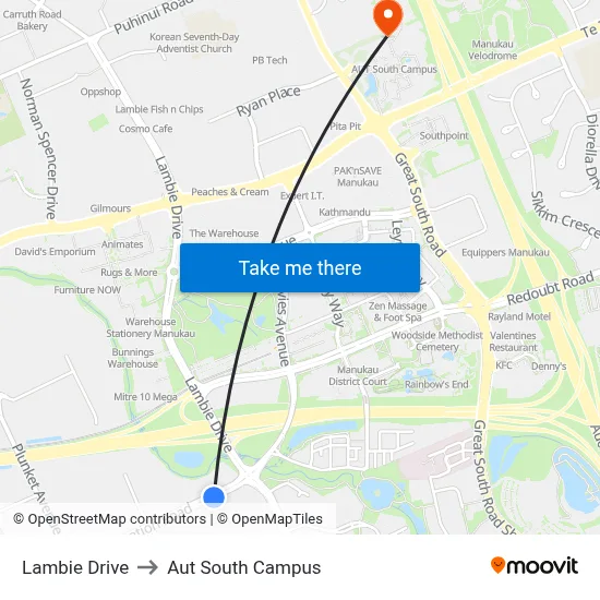 Lambie Drive to Aut South Campus map