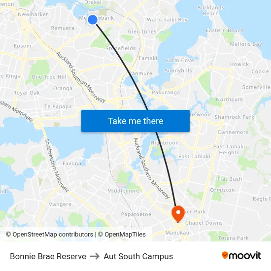 Bonnie Brae Reserve to Aut South Campus map