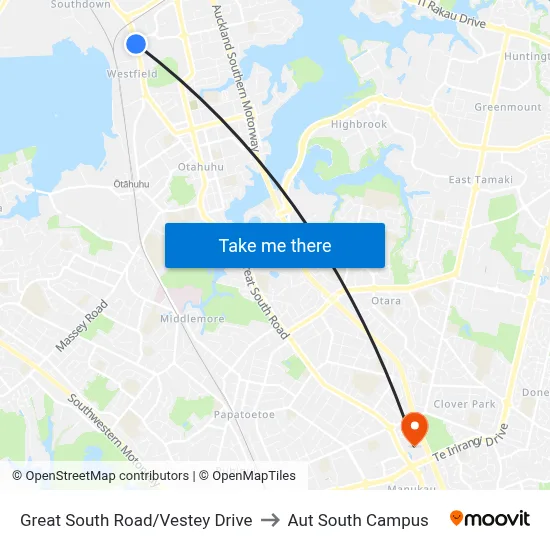 Great South Road/Vestey Drive to Aut South Campus map