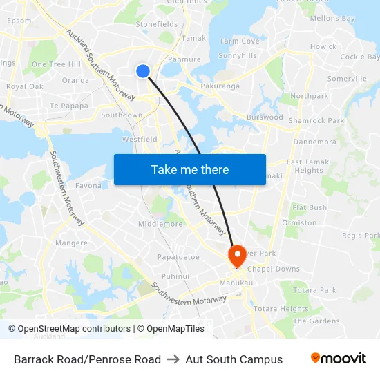 Barrack Road/Penrose Road to Aut South Campus map
