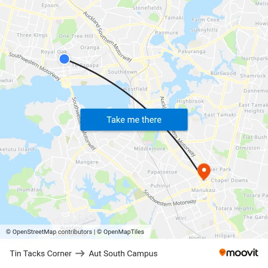 Tin Tacks Corner to Aut South Campus map