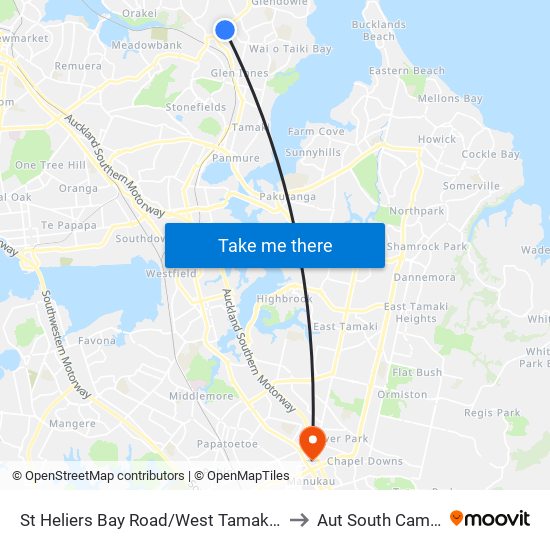 St Heliers Bay Road/West Tamaki Road to Aut South Campus map