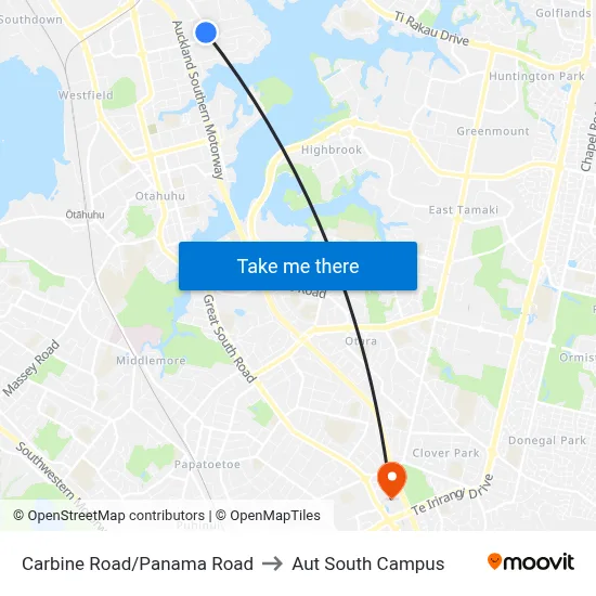 Carbine Road/Panama Road to Aut South Campus map