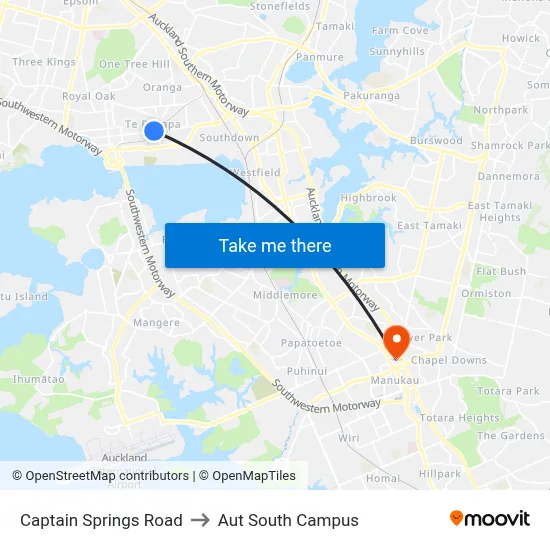 Captain Springs Road to Aut South Campus map