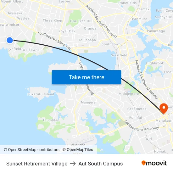 Sunset Retirement Village to Aut South Campus map