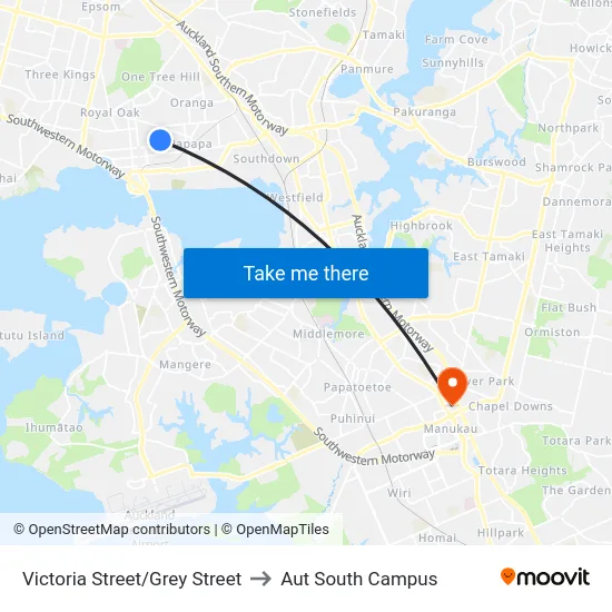 Victoria Street/Grey Street to Aut South Campus map