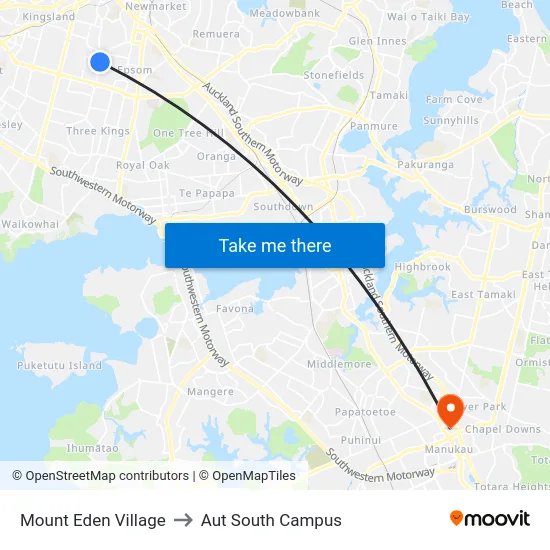 Mount Eden Village to Aut South Campus map