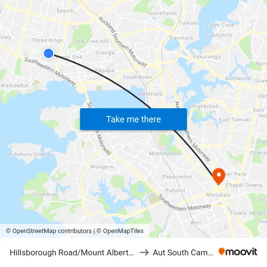 Hillsborough Road/Mount Albert Road to Aut South Campus map