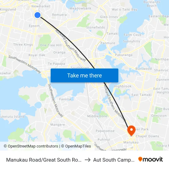 Manukau Road/Great South Road to Aut South Campus map