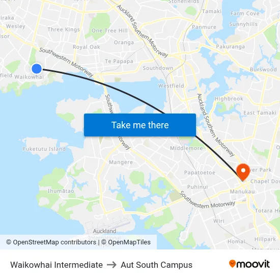 Waikowhai Intermediate to Aut South Campus map