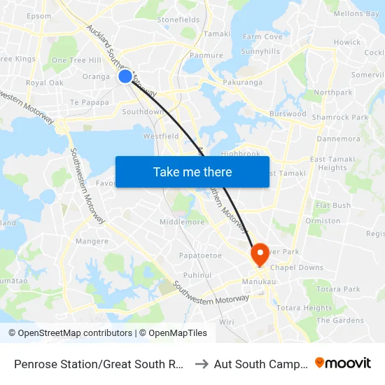 Penrose Station/Great South Road to Aut South Campus map
