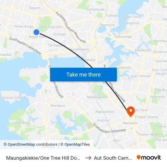 Maungakiekie/One Tree Hill Domain to Aut South Campus map