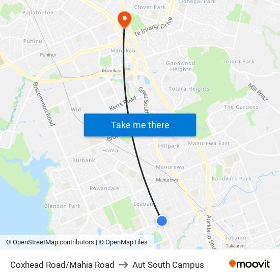 Coxhead Road/Mahia Road to Aut South Campus map