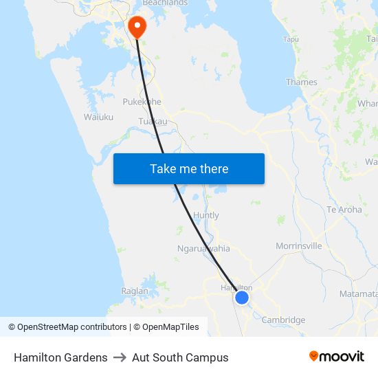 Hamilton Gardens to Aut South Campus map