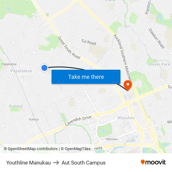 Youthline Manukau to Aut South Campus map