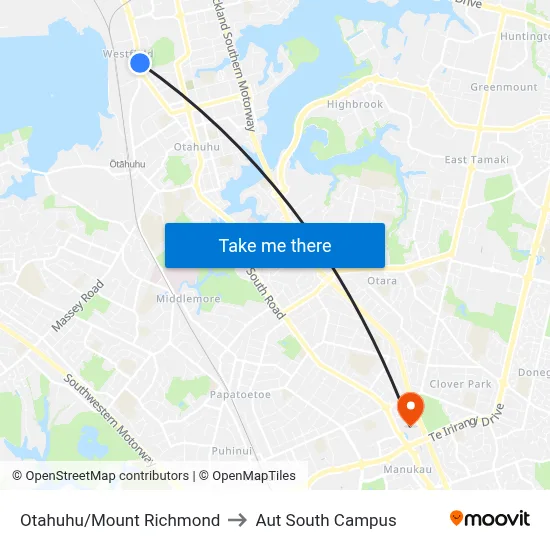 Otahuhu/Mount Richmond to Aut South Campus map