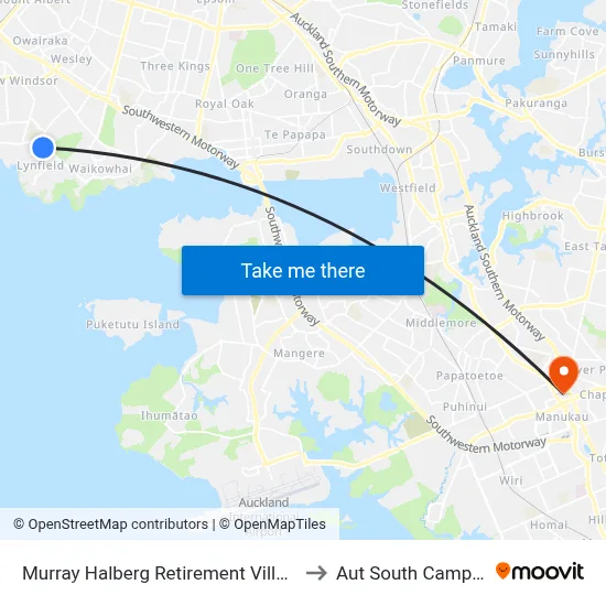 Murray Halberg Retirement Village to Aut South Campus map
