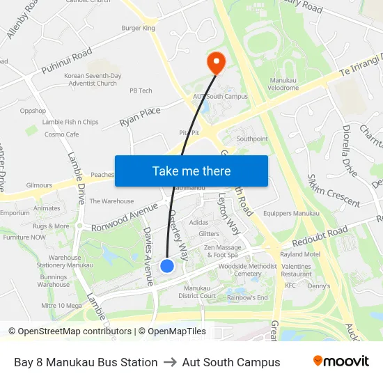 Bay 8 Manukau Bus Station to Aut South Campus map