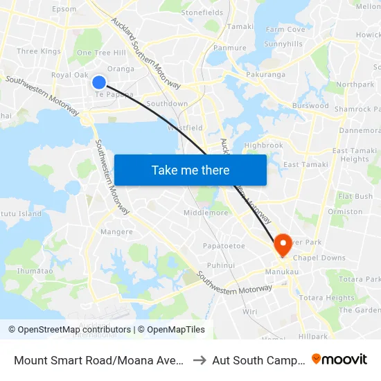 Mount Smart Road/Moana Avenue to Aut South Campus map