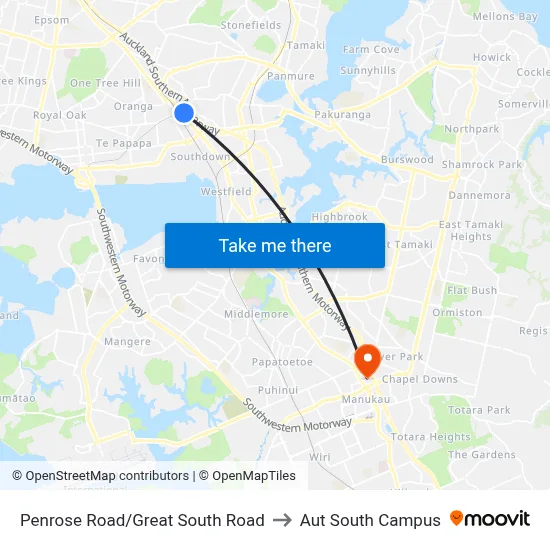 Penrose Road/Great South Road to Aut South Campus map