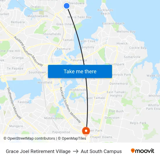 Grace Joel Retirement Village to Aut South Campus map