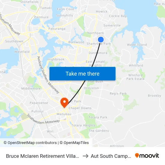 Bruce Mclaren Retirement Village to Aut South Campus map
