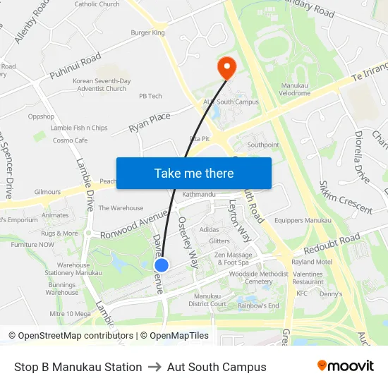 Stop B Manukau Station to Aut South Campus map