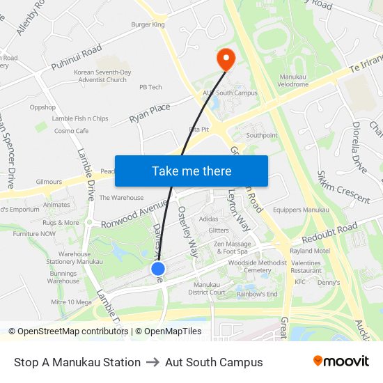 Stop A Manukau Station to Aut South Campus map