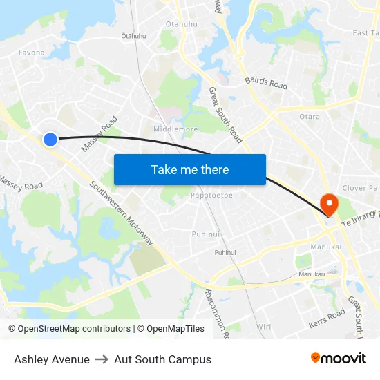 Ashley Avenue to Aut South Campus map