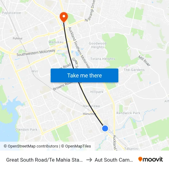 Great South Road/Te Mahia Station to Aut South Campus map