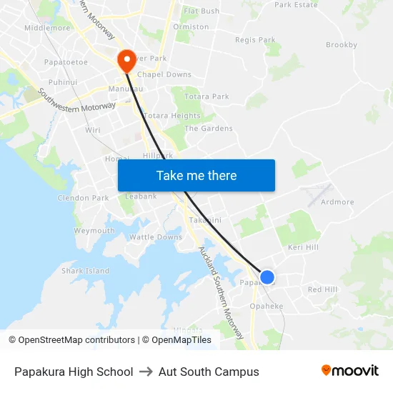 Papakura High School to Aut South Campus map