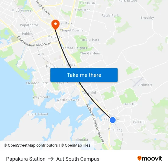 Papakura Station to Aut South Campus map