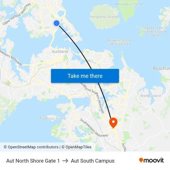 Aut North Shore Gate 1 to Aut South Campus map