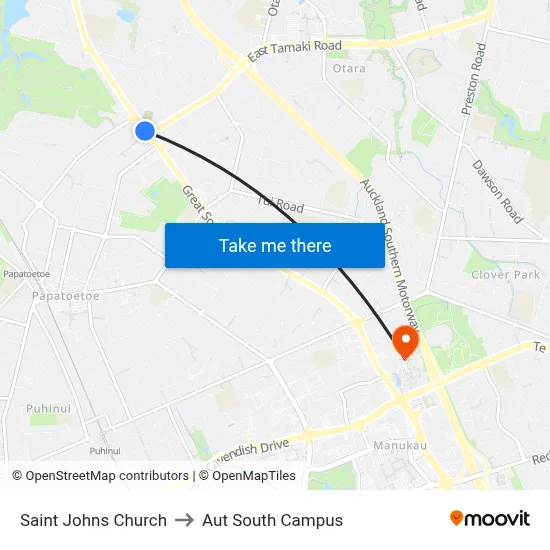 Saint Johns Church to Aut South Campus map