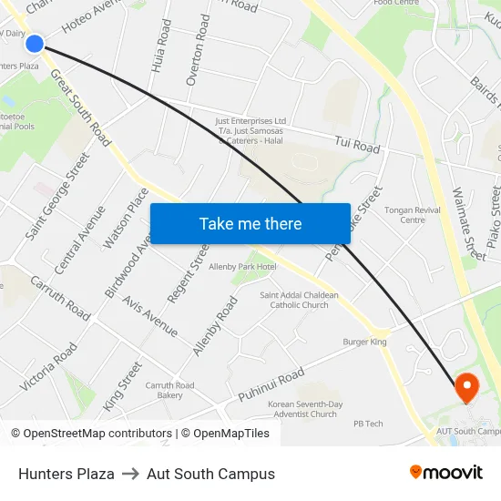 Hunters Plaza to Aut South Campus map