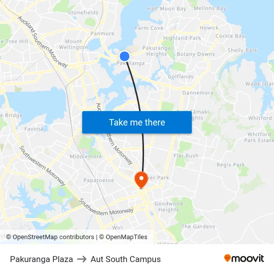 Pakuranga Plaza to Aut South Campus map