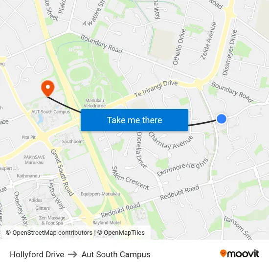 Hollyford Drive to Aut South Campus map