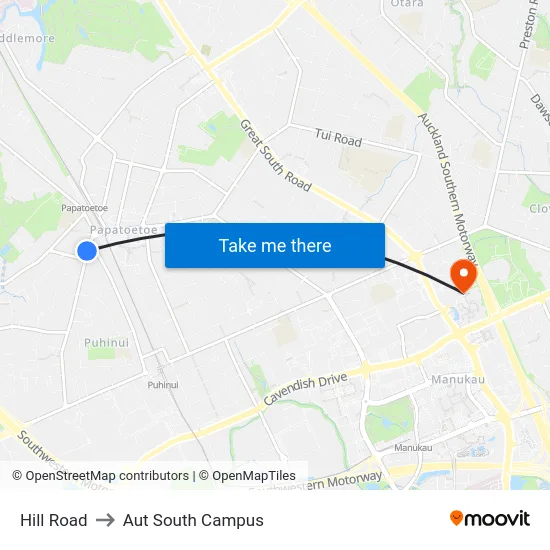 Hill Road to Aut South Campus map
