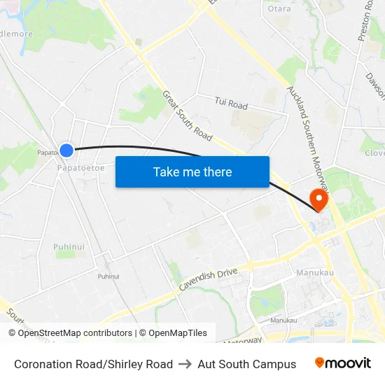 Coronation Road/Shirley Road to Aut South Campus map