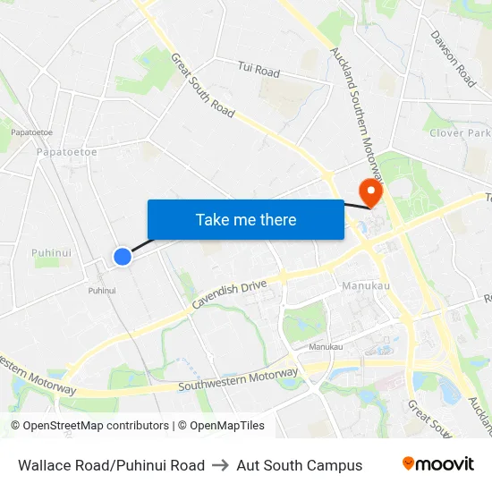 Wallace Road/Puhinui Road to Aut South Campus map