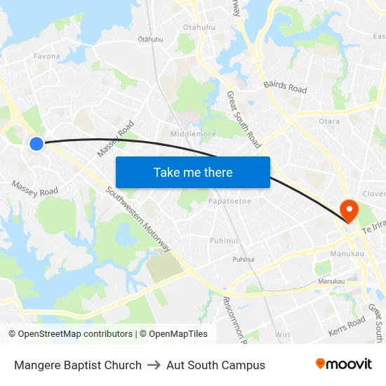 Mangere Baptist Church to Aut South Campus map